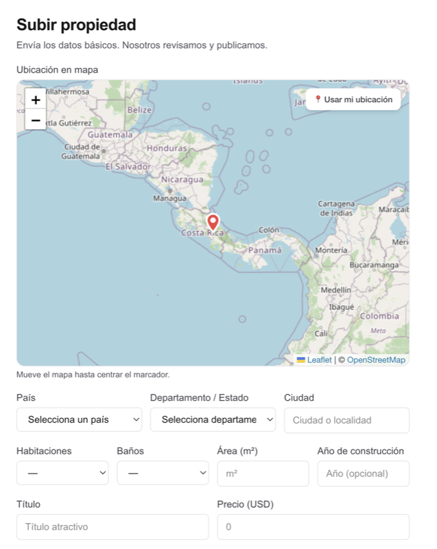 Formulario de publicacion en Tualero — mapa y campos basicos
